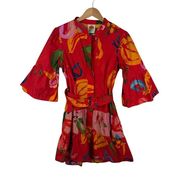 Farm Rio Tropical Fruit Printed Mini Shirt Dress Small Multicolor Belted Resort - Picture 2 of 13